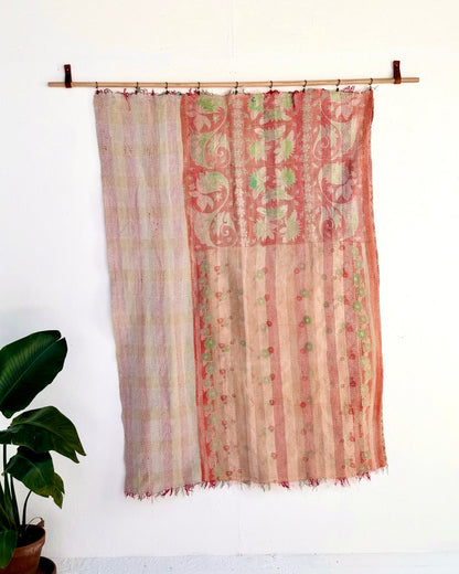 Heavy Kantha Blanket Quilt With Pink Stripes - Biggs & Hill