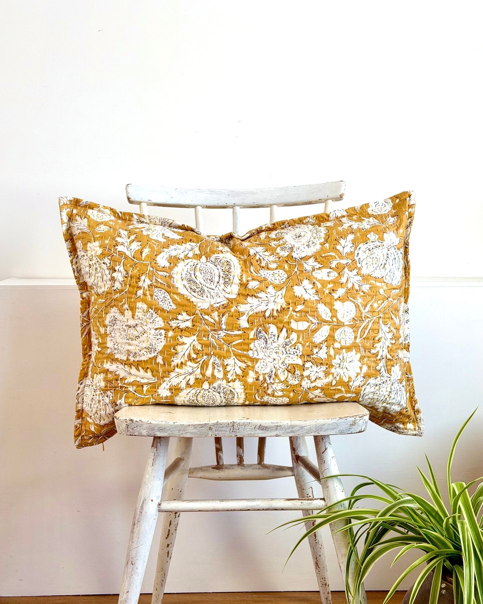 Mustard Yellow Floral Cushion, Block Printed and Hand Stitched Kantha Cotton - Biggs & Hill