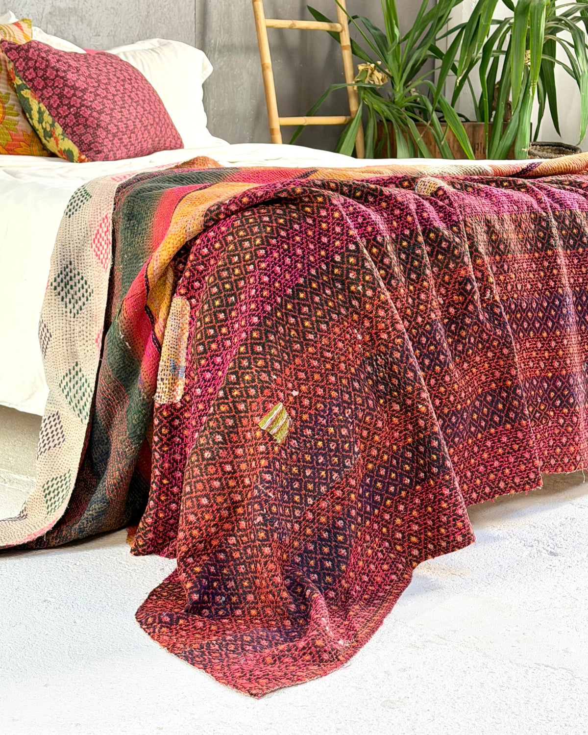 Embroidered Vintage Kantha Quilt in Pink and White - Biggs & Hill