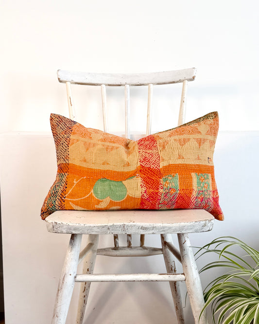 Vintage Kantha Cushion In Orange and Green - Small Rectangular
