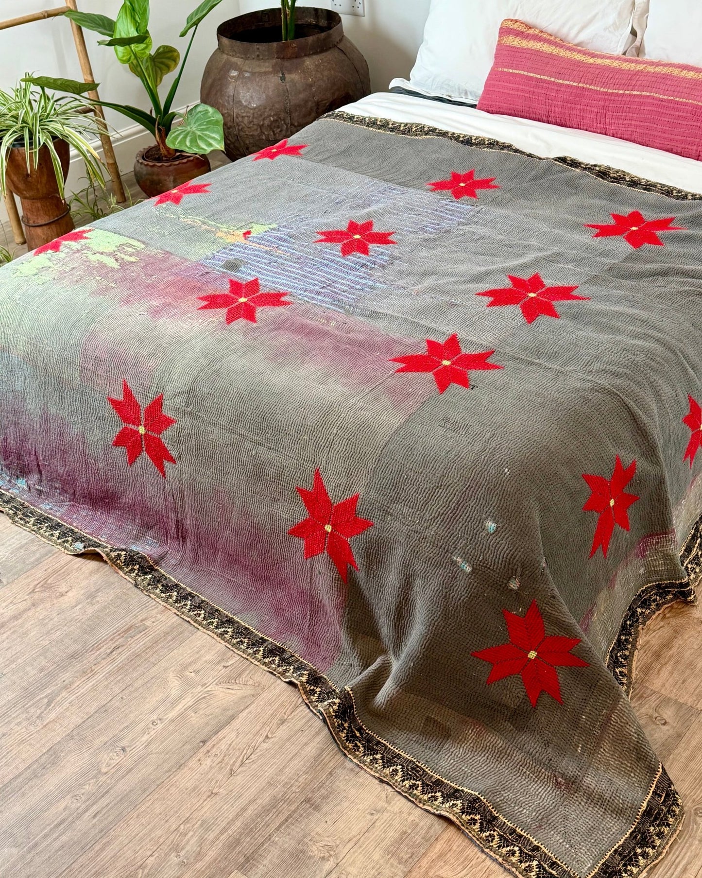 Large Fine Stitched Embroidered Vintage Kantha Quilt With Red Stars on Grey - Biggs & Hill