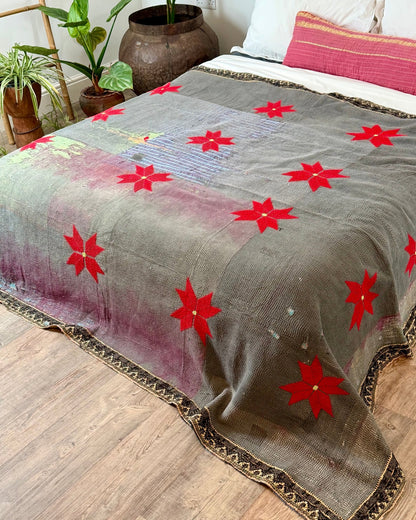 Large Fine Stitched Embroidered Vintage Kantha Quilt With Red Stars on Grey - Biggs & Hill