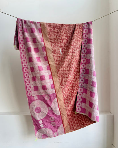 Large Fine Stitched Vintage Kantha Quilt With Pink Squares - Biggs & Hill