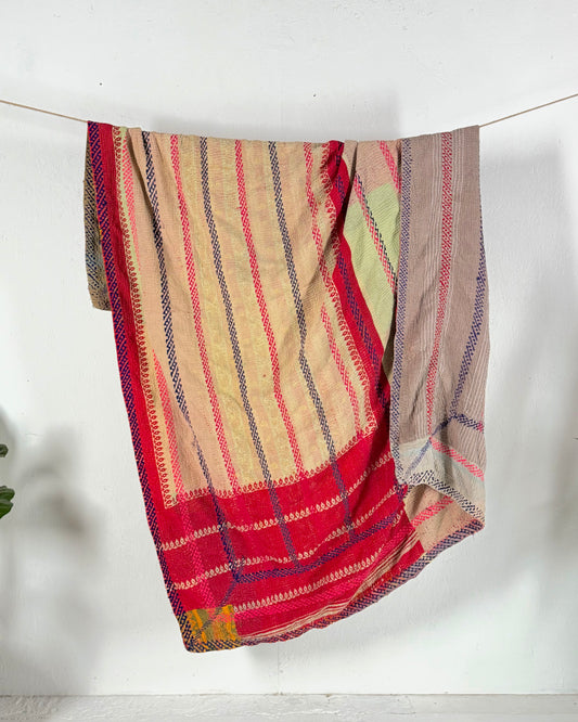 Large Embroidered Vintage Kantha Quilt in Red and Yellow
