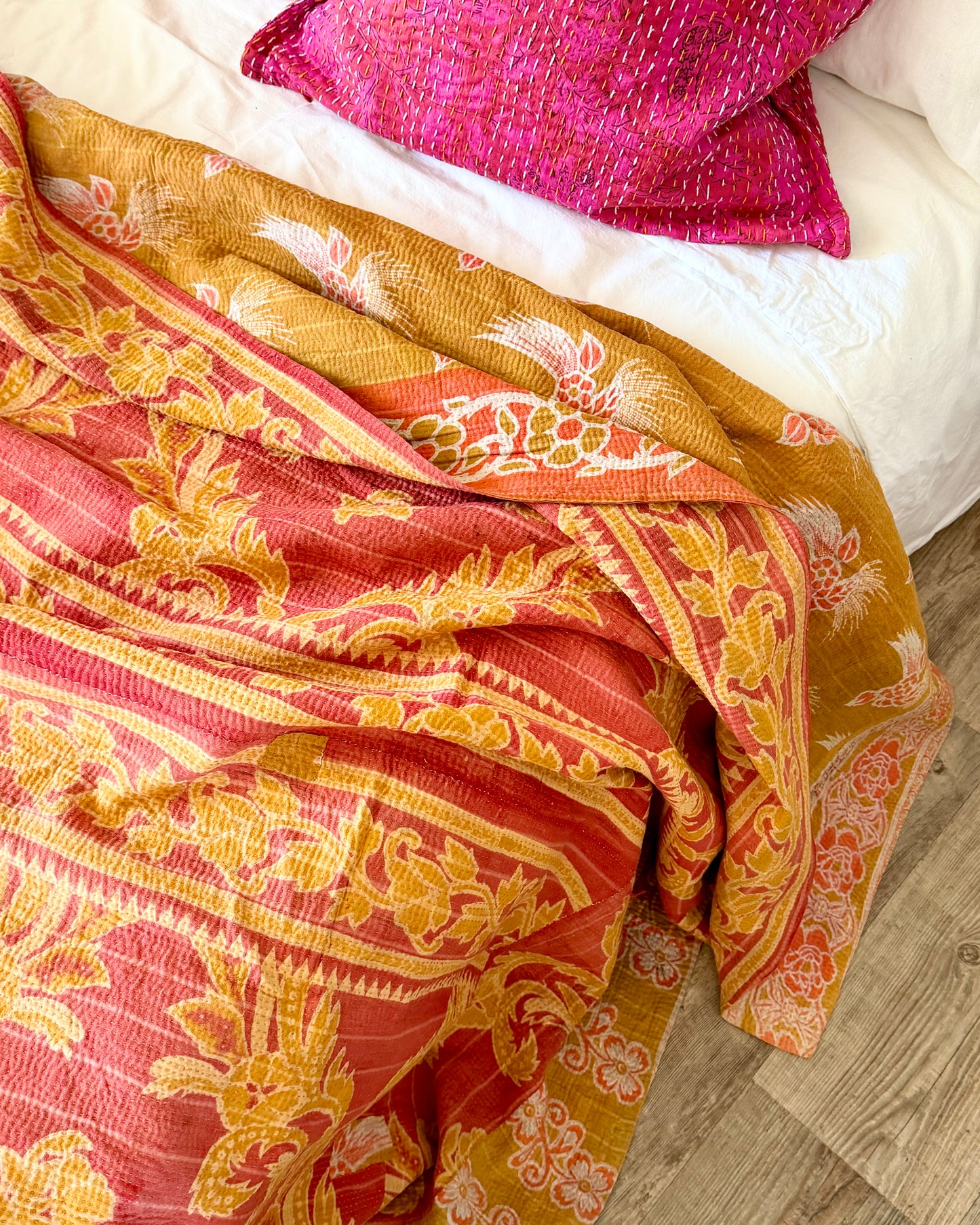 Large Fine Stitched Vintage Kantha Quilt in Mustard and Pink