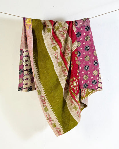 Large Fine Stitched Vintage Kantha Quilt in Pink, Green and Purple Florals - Biggs & Hill