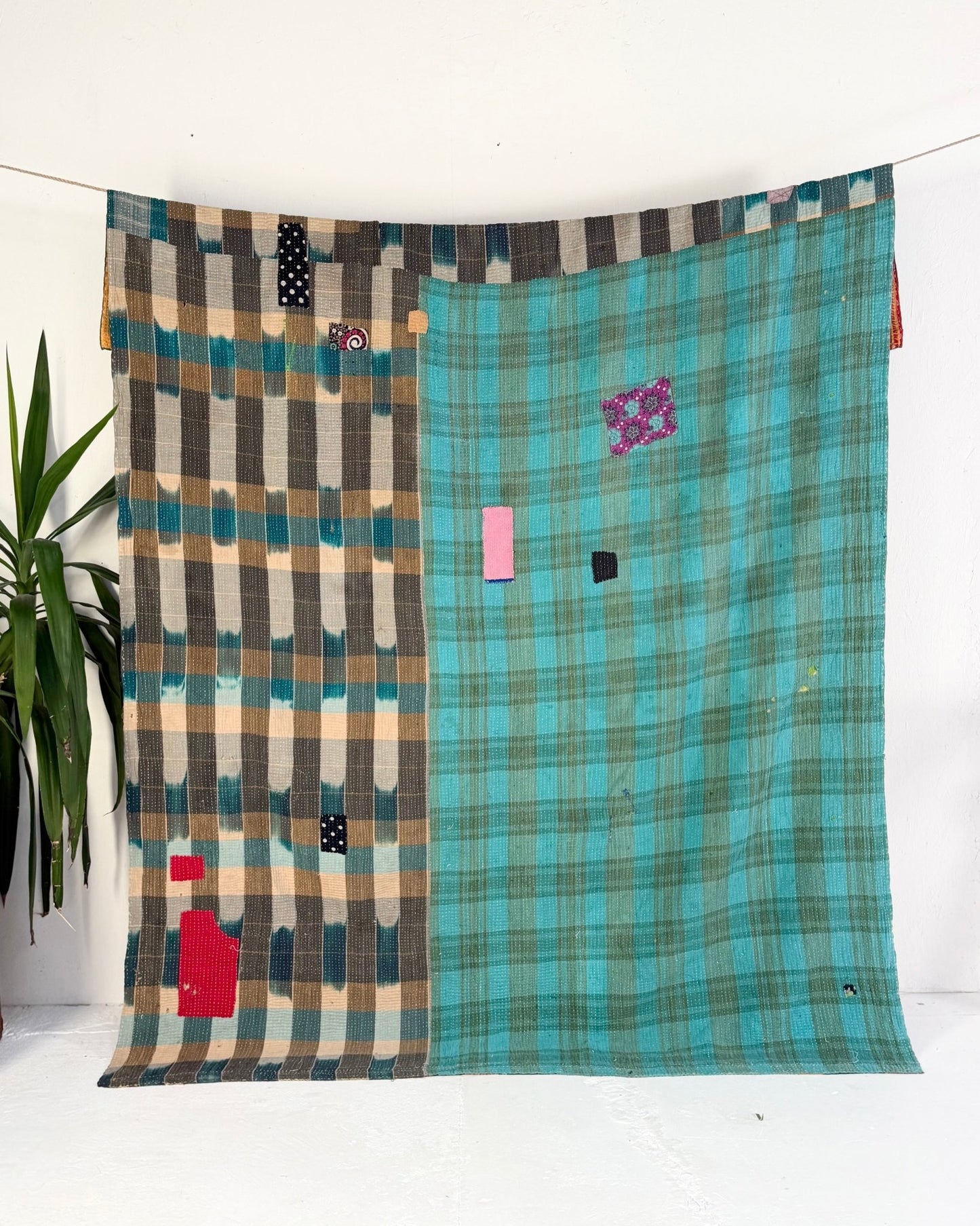 Extra Large Textured Vintage Kantha Quilt In Geometric Yellow, Black and Orange - Biggs & Hill