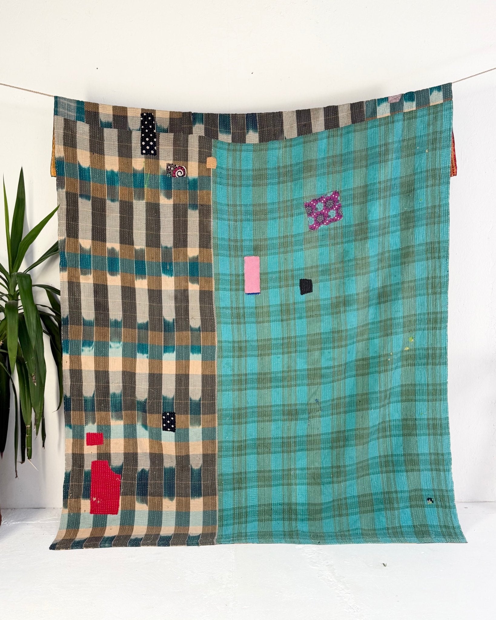 Extra Large Textured Vintage Kantha Quilt In Geometric Yellow, Black and Orange - Biggs & Hill