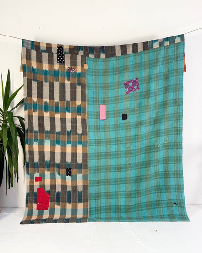 Extra Large Textured Vintage Kantha Quilt In Geometric Yellow, Black and Orange - Biggs & Hill