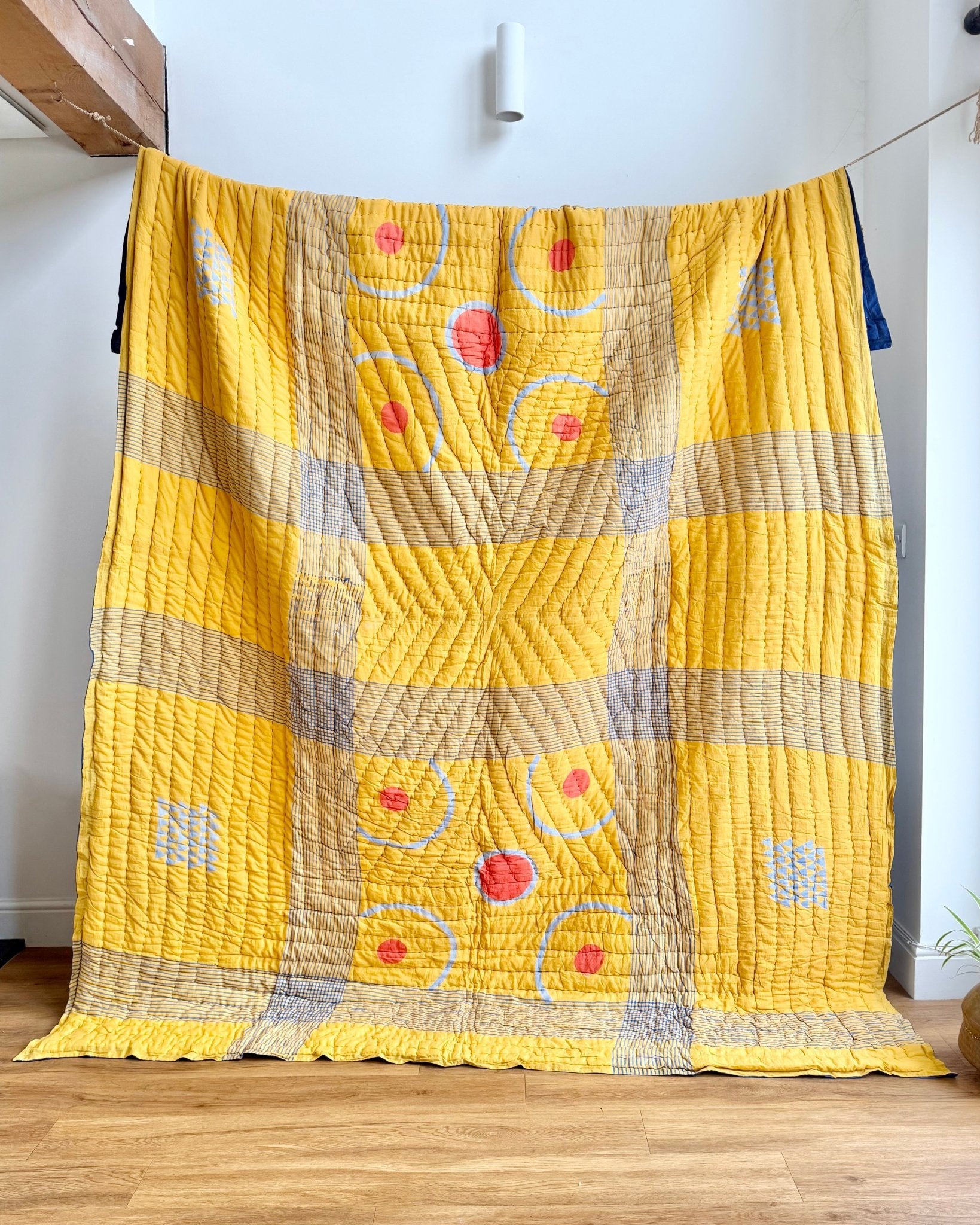 Quilted Kantha In Blue and Yellow With Geometric Patterns - SUPER KING - Biggs & Hill