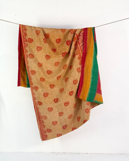 Extra Large Fine Stitched Vintage Kantha Quilt in Beige, Red and Green