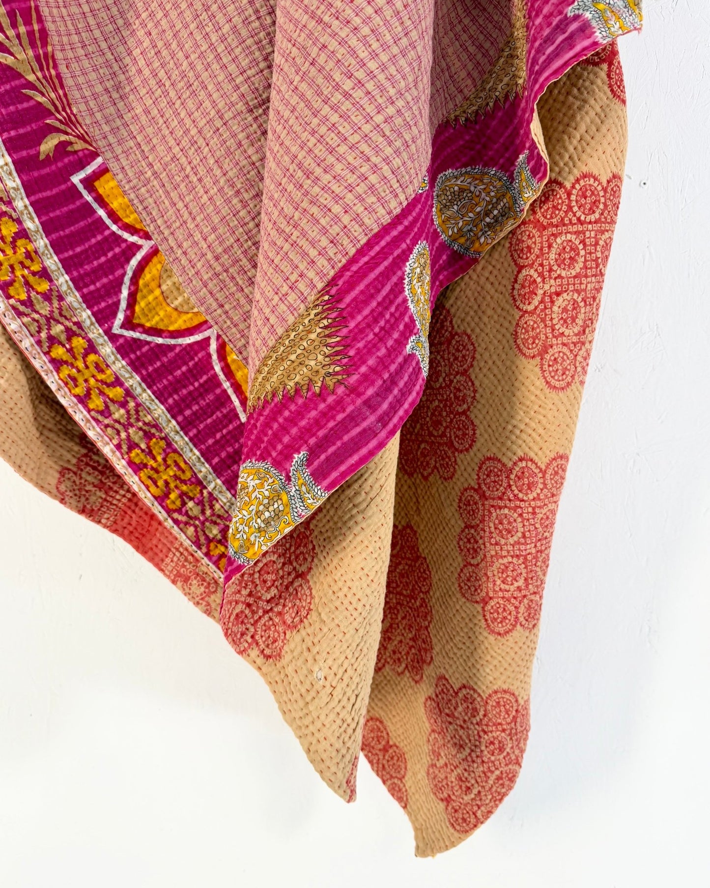 Large Fine Stitched Vintage Kantha Quilt in Pink and Peachy Orange - Biggs & Hill