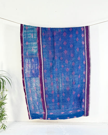 Heavy Fine Stitched Embroidered Vintage Kantha Quilt in Blue and Pink