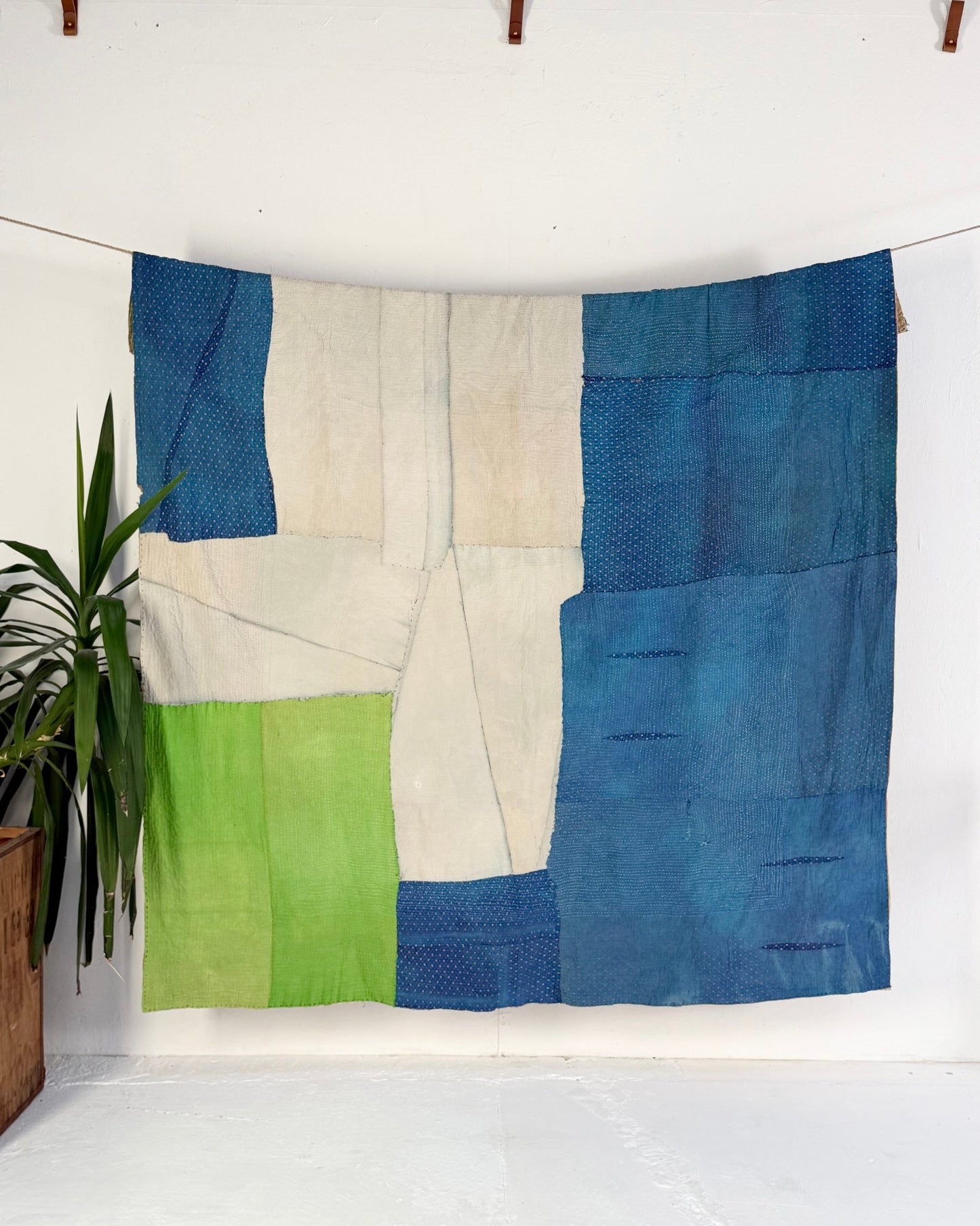 Fine Stitched Vintage Kantha Quilt in Patchwork Blue, White and Green - Biggs & Hill