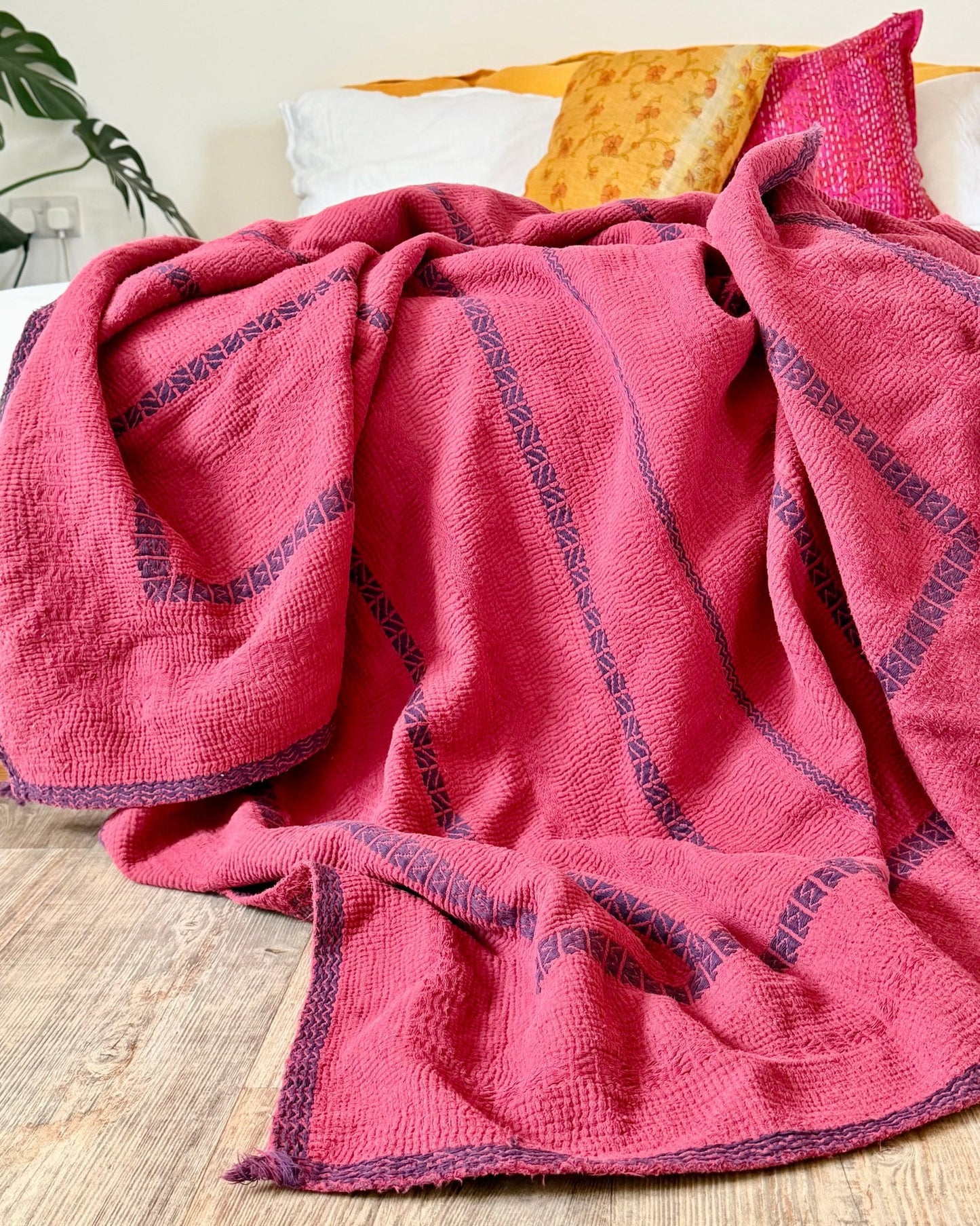 Fine Stitched Embroidered Vintage Kantha Quilt in Deep Plum Red - Biggs & Hill