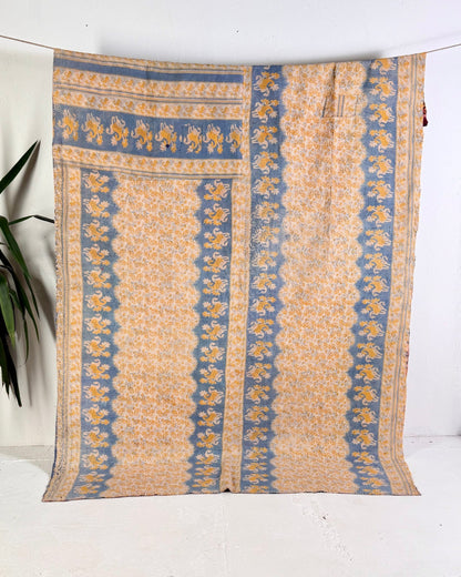 Large Textured Vintage Kantha Quilt in Geometric Pink and yellow - Biggs & Hill