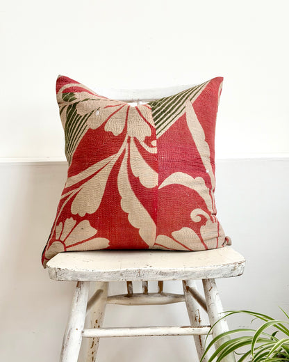 Vintage Kantha Cushion In Green and Pink- 45cm Square