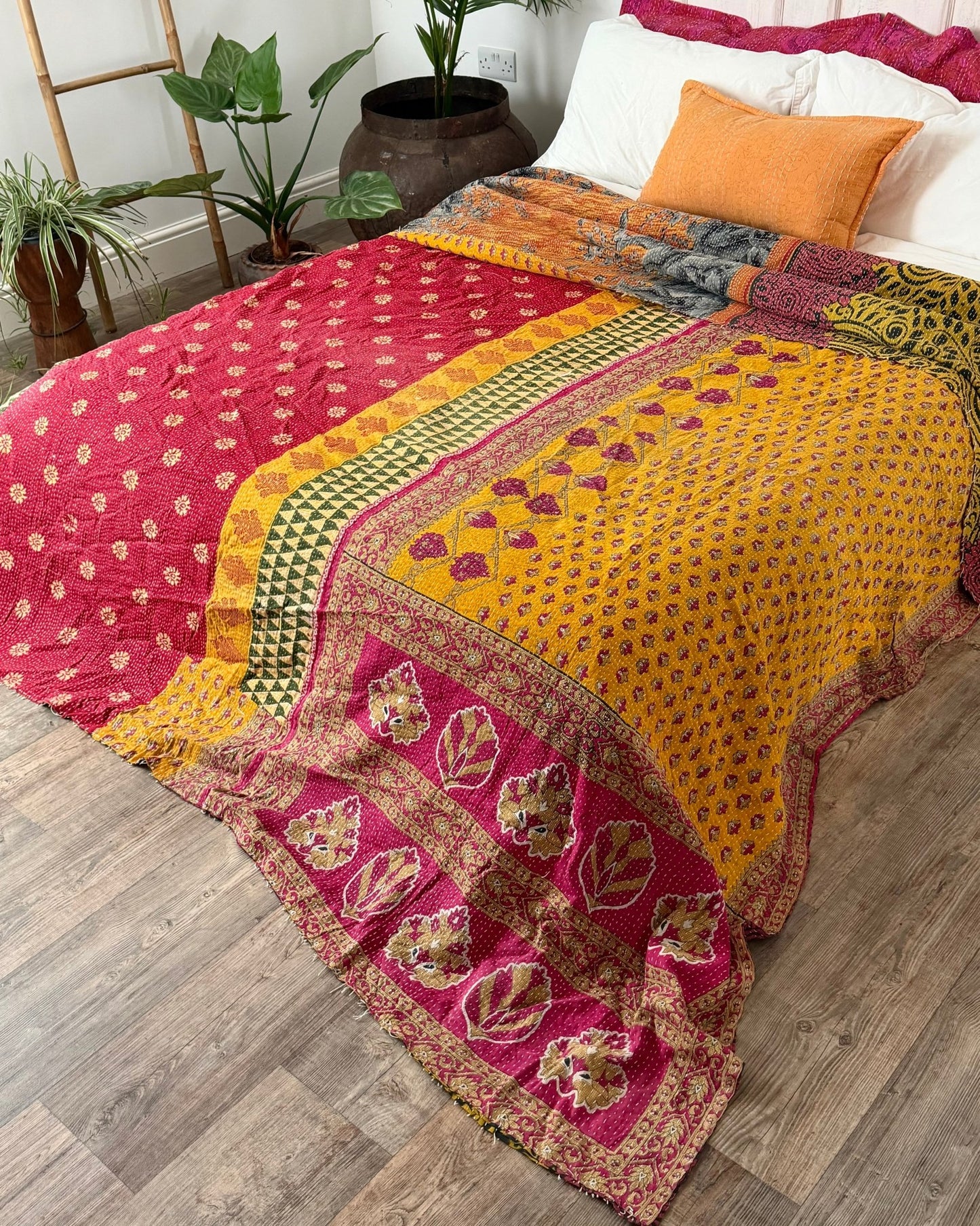 Super King Vintage Kantha Quilt in Green, Purple, Yellow and Red - Biggs & Hill