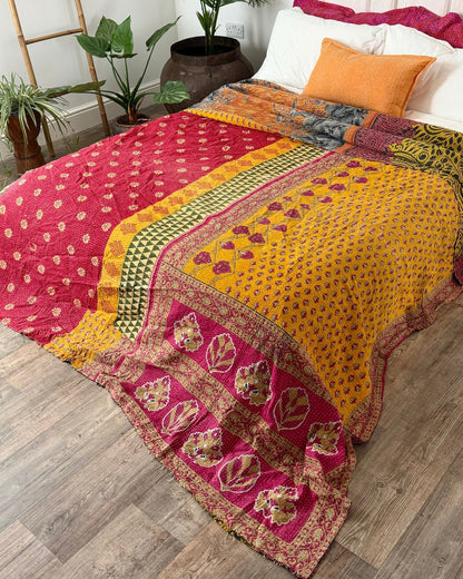 Super King Vintage Kantha Quilt in Green, Purple, Yellow and Red - Biggs & Hill