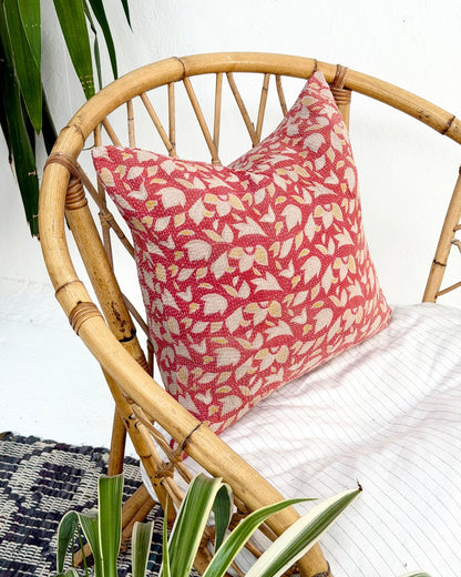 Handmade Vintage Kantha Cushion Cover In Pink Floral - 45cm (18") - Biggs & Hill