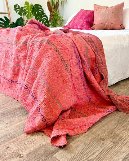 Textured and Embroidered Vintage Kantha Quilt In Deep Pink