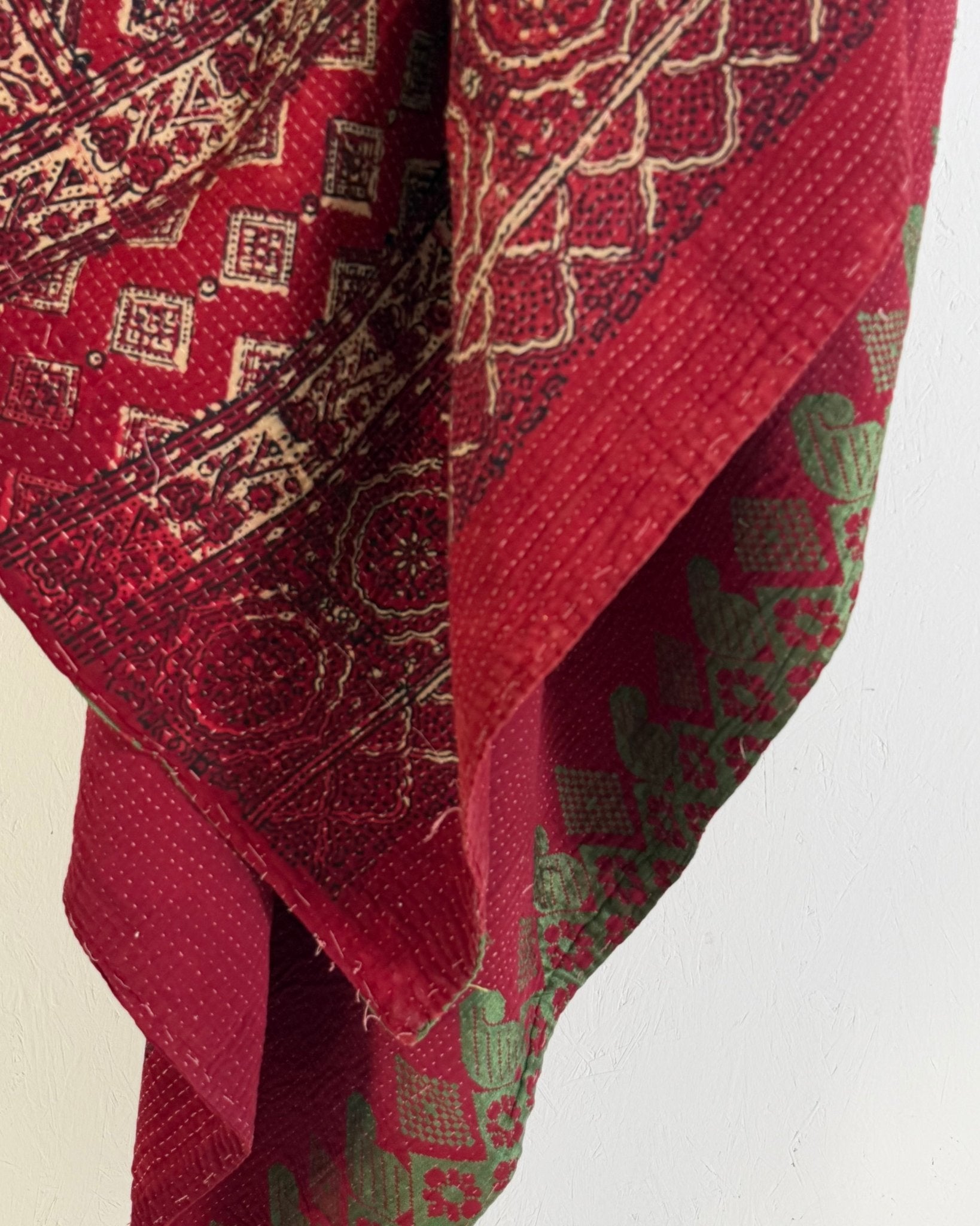 Extra Large Ajrakh Printed Vintage Kantha Quilt In Deep Red - Biggs & Hill