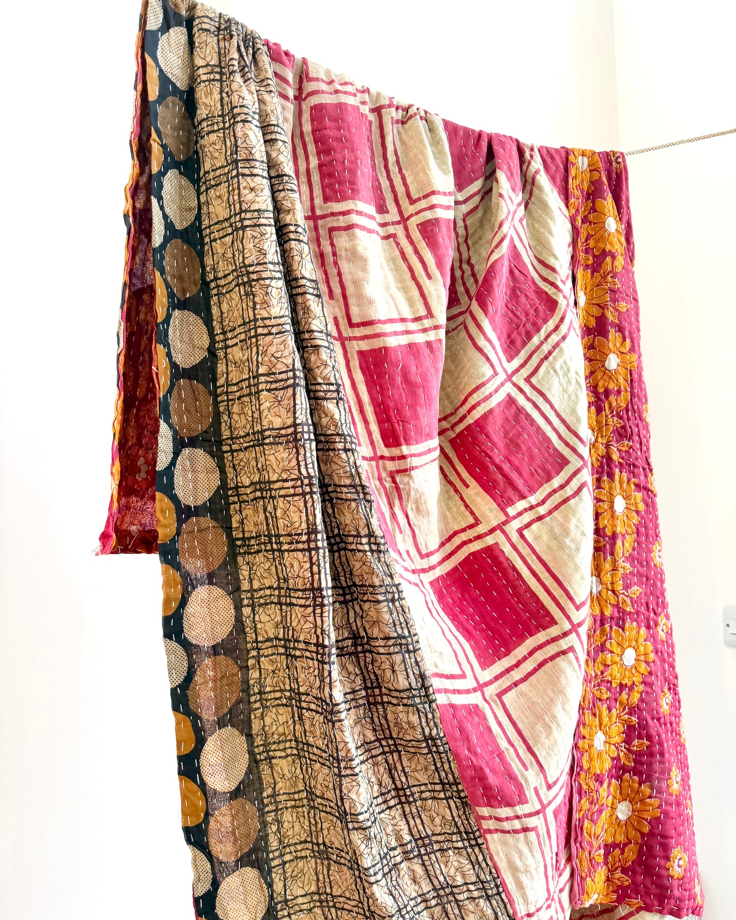 Vintage Cotton Kantha Quilt With Pink Square Pattern #37