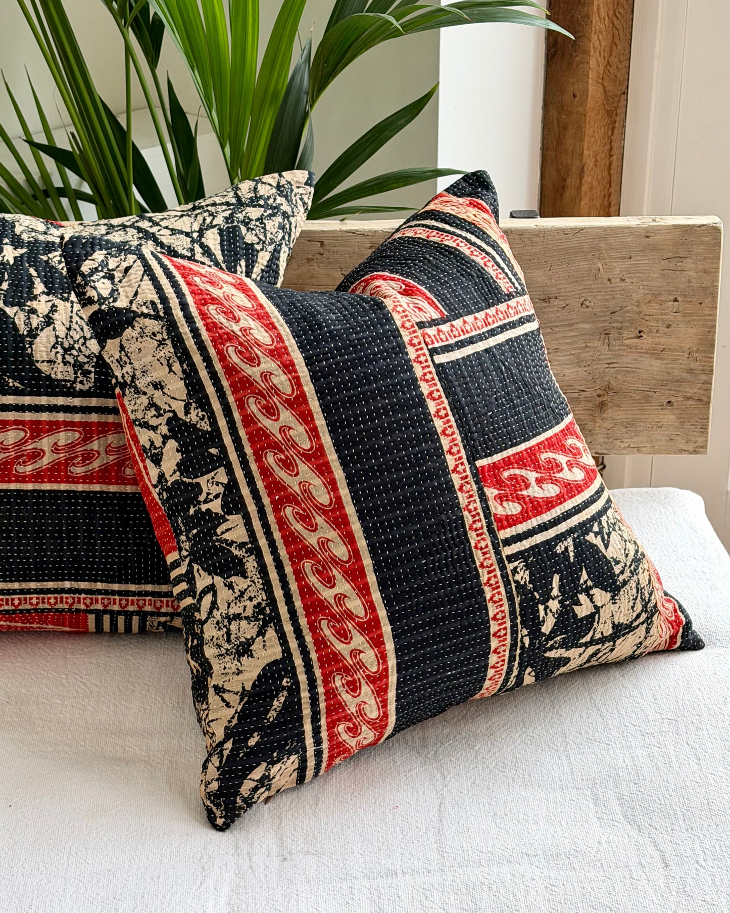 Vintage Kantha Cushion In Black and Red- 45cm Square