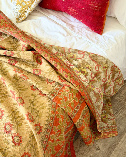 Large Fine Stitched Vintage Kantha Quilt in Orange and Beige