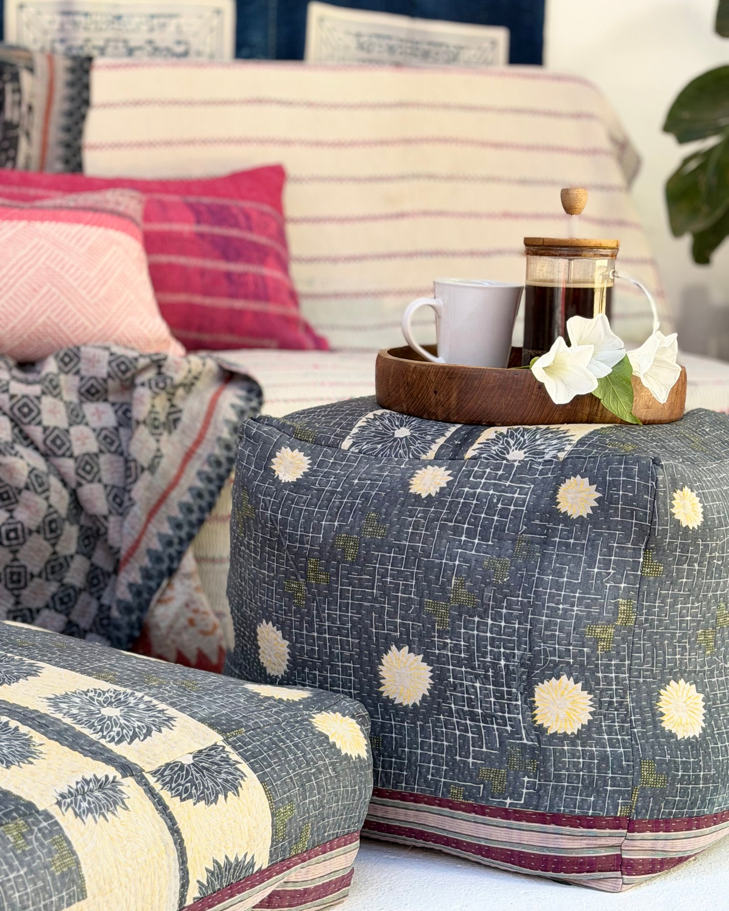 Cube Kantha Pouf Cushion Cover With Blue and Purple Stripes