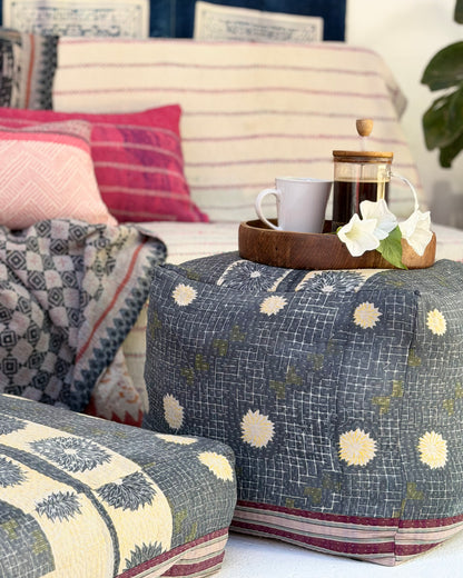 Cube Kantha Pouf Cushion Cover With Blue and Purple Stripes