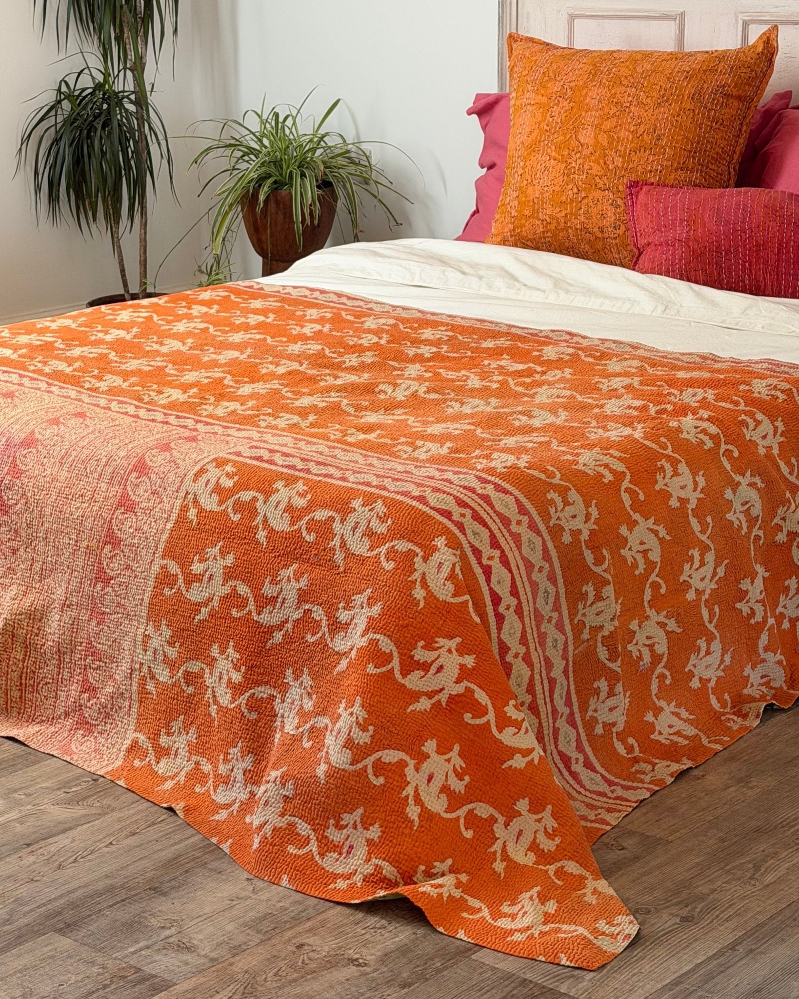 Large Fine Stitched Vintage Kantha Quilt In Orange, Black and Green - Biggs & Hill