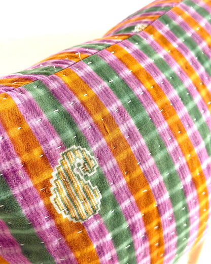 Vintage Kantha Bolster Cushion Cover In Green and Purple 30 x 100cm