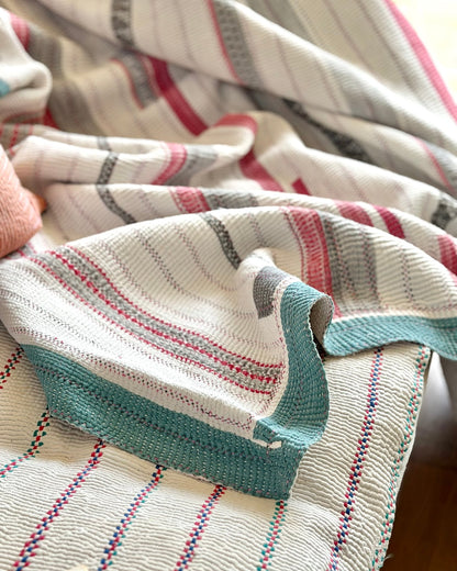 Large Heavy Fine Stitched Embroidered Vintage Kantha Quilt in White and Pink - Biggs & Hill