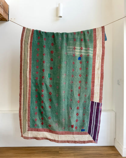 Fine Stitched Thick Vintage Kantha Quilt in Green With Red Embroidery