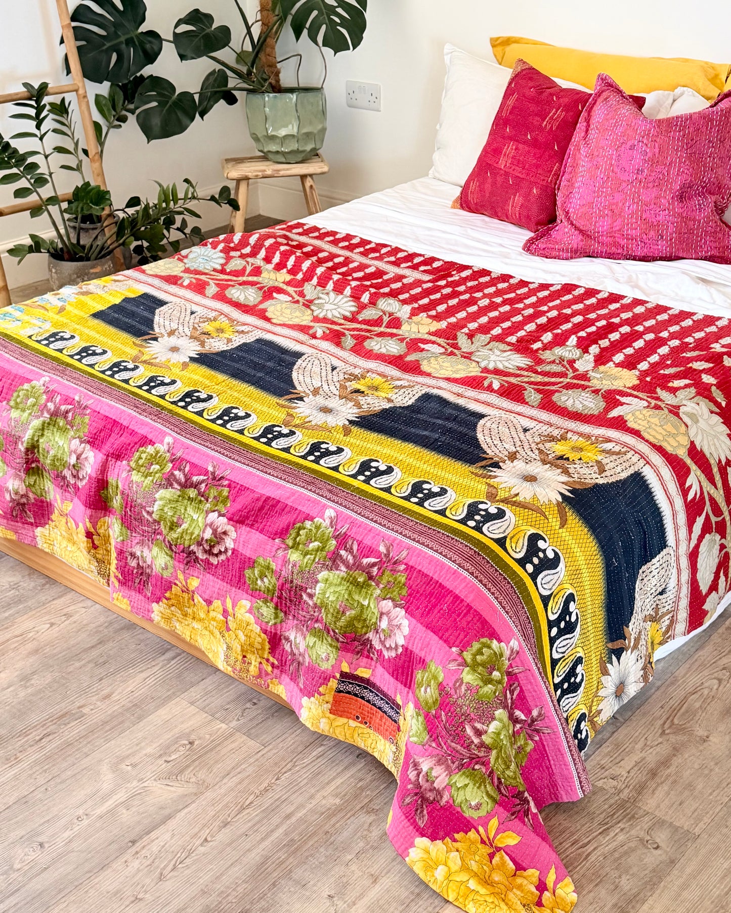 Large Fine Stitched Vintage Kantha Quilt in Pink, Red and Yellow