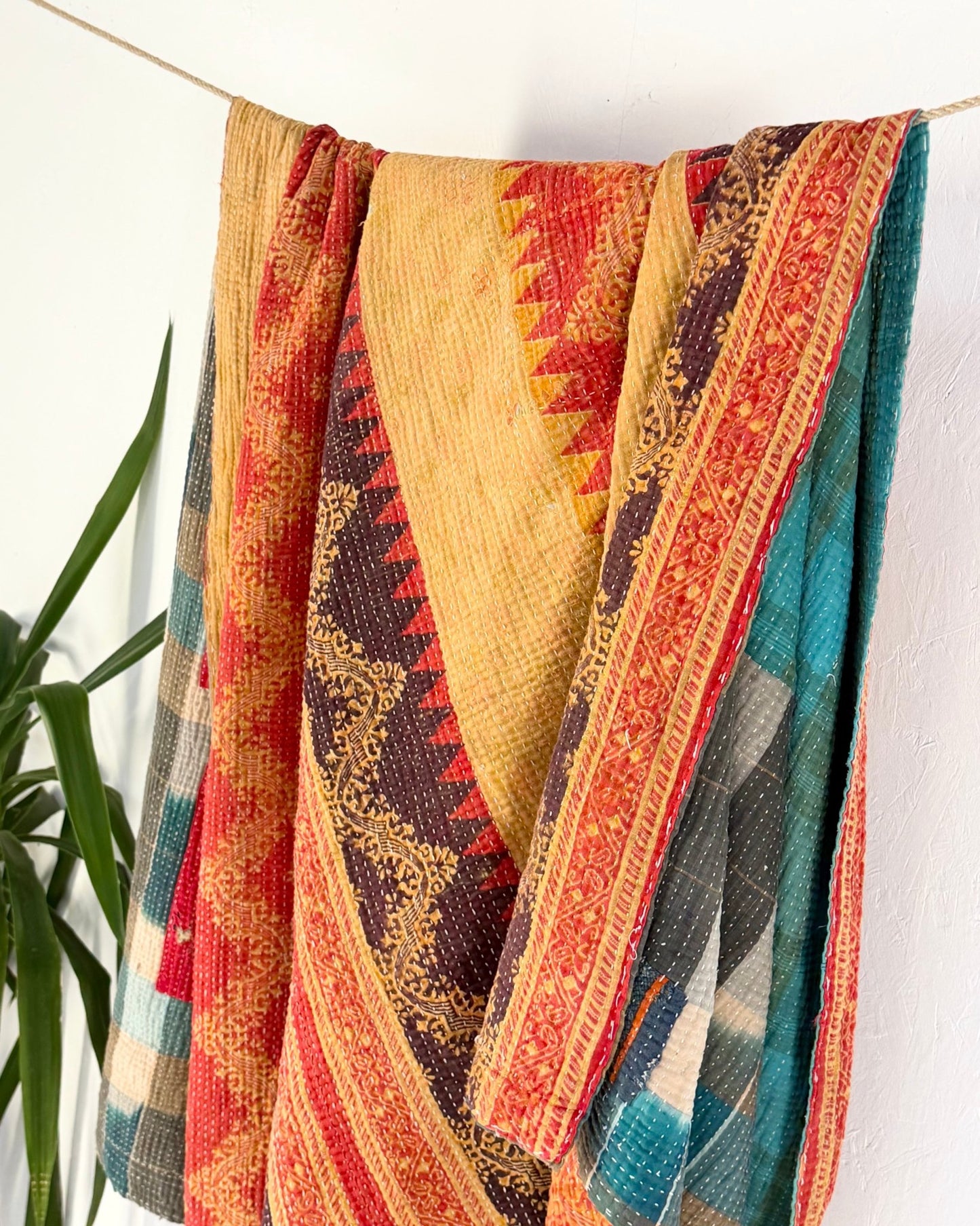Extra Large Textured Vintage Kantha Quilt In Geometric Yellow, Black and Orange - Biggs & Hill