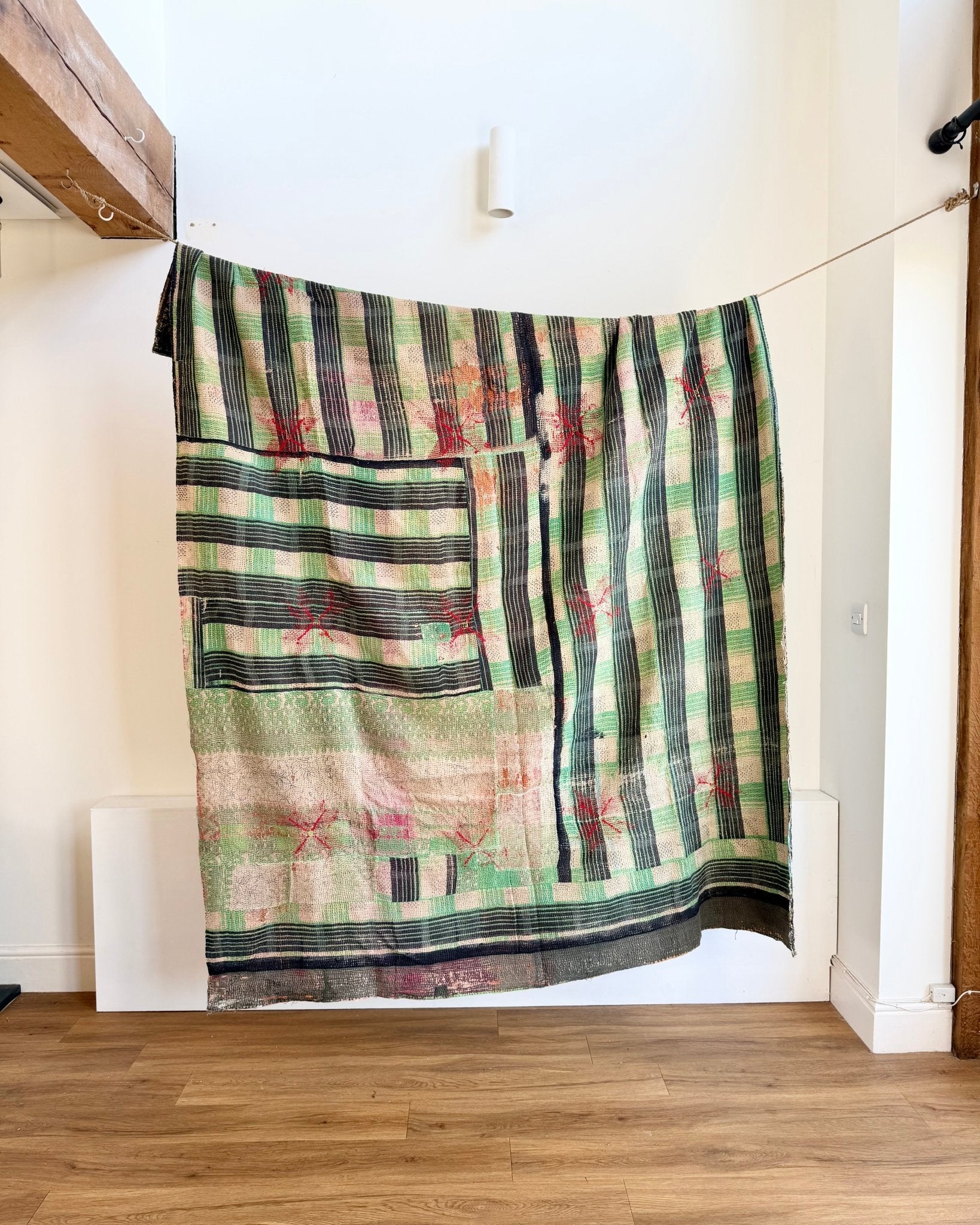 Large Fine Stitched Embroidered Vintage Kantha Quilt With Red Stars on Grey - Biggs & Hill