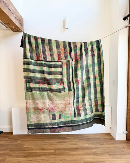 Large Fine Stitched Embroidered Vintage Kantha Quilt With Red Stars on Grey - Biggs & Hill