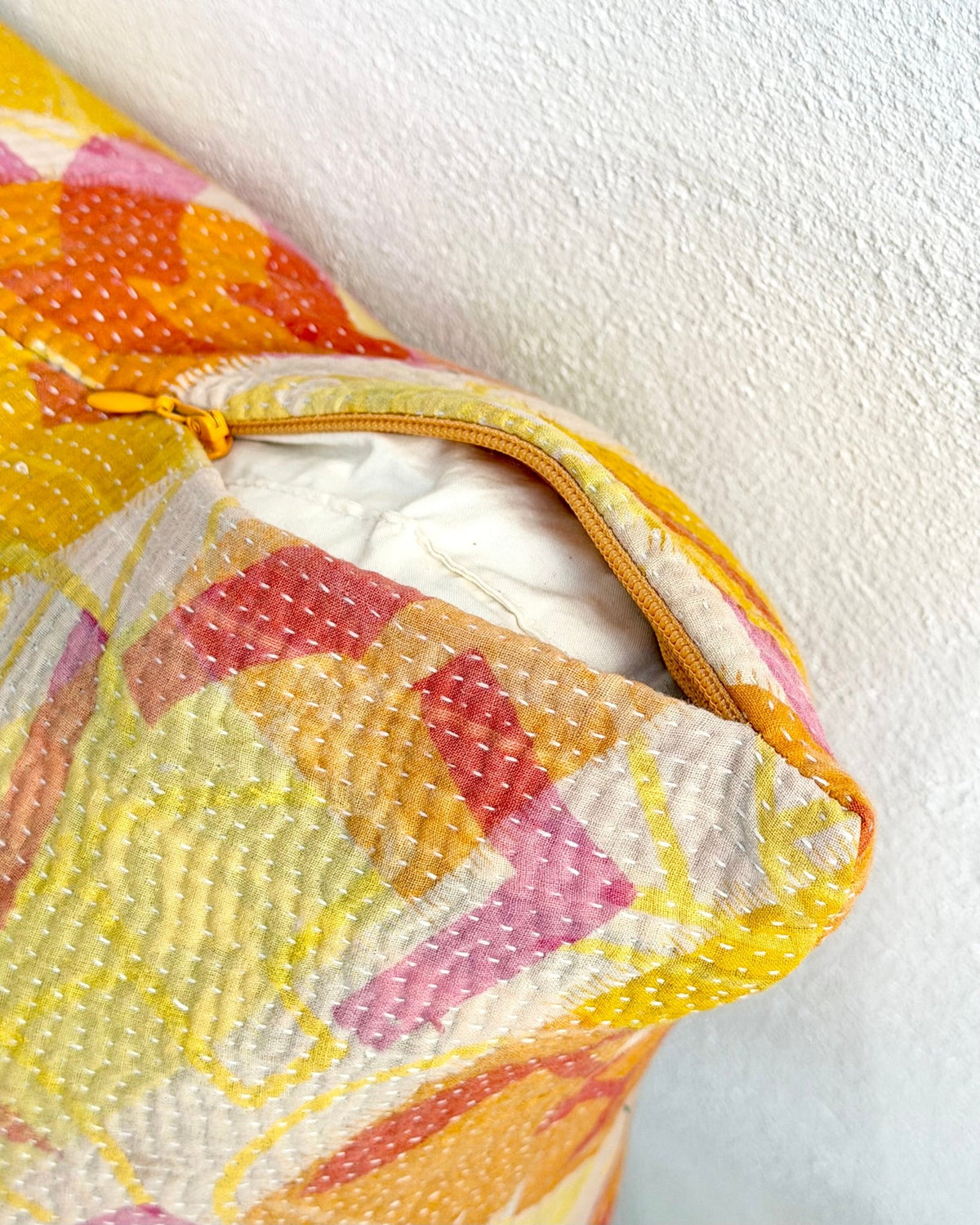 Handmade Reversible Vintage Kantha Cushion Cover In Pink and Yellow - 45cm (18") - Biggs & Hill