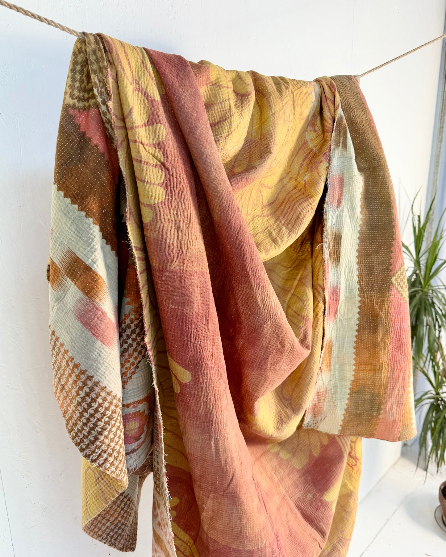 Large Fine Stitched Vintage Kantha Quilt in Peachy Pink Geometrics