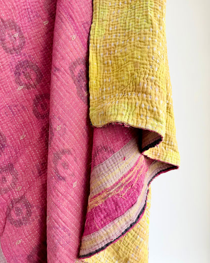 Extra Large Fine Stitched Vintage Kantha Quilt in Pink And Yellow