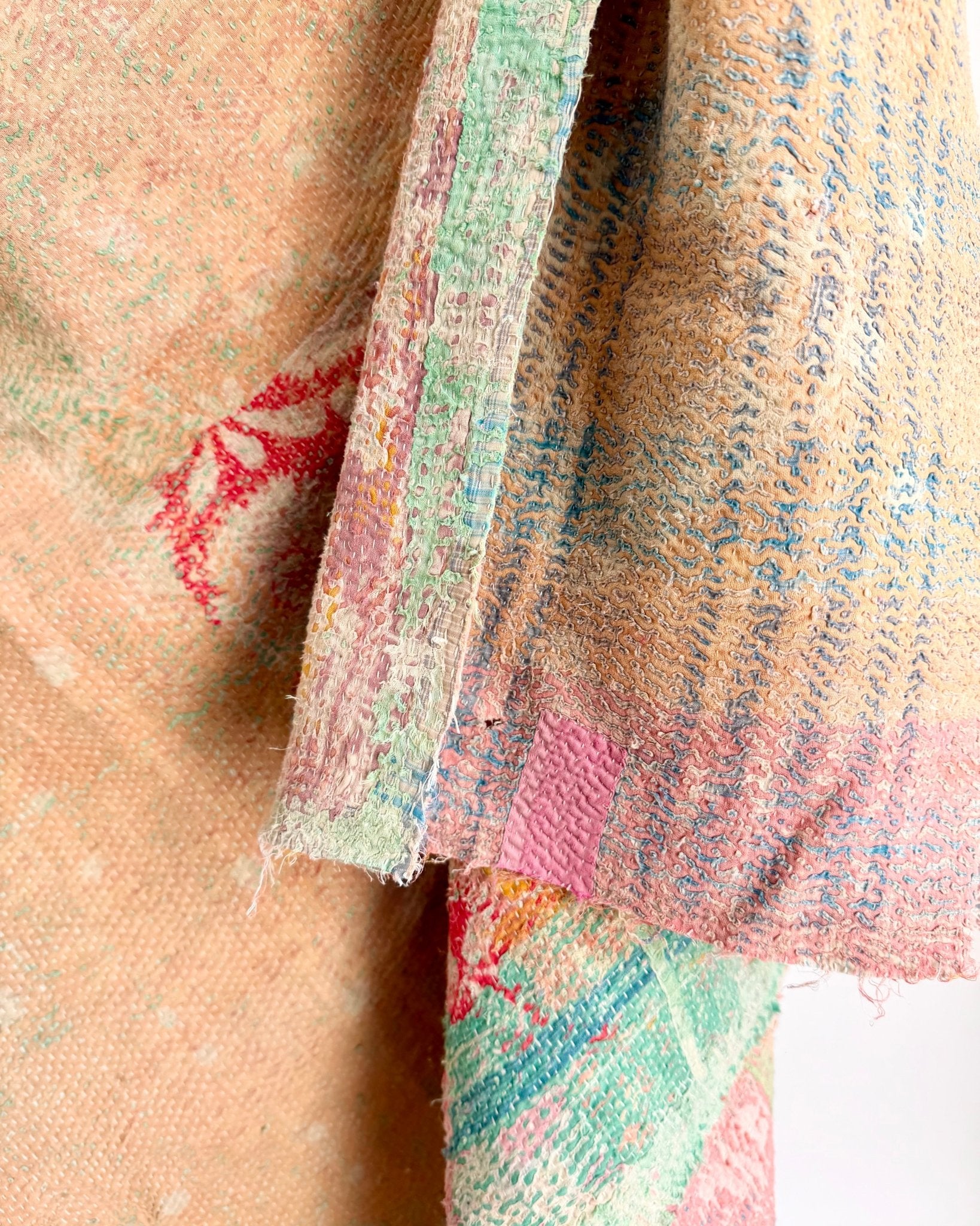 Project Kantha Quilt: Pink, Yellow and Green With Authentic Aged Texture - Biggs & Hill