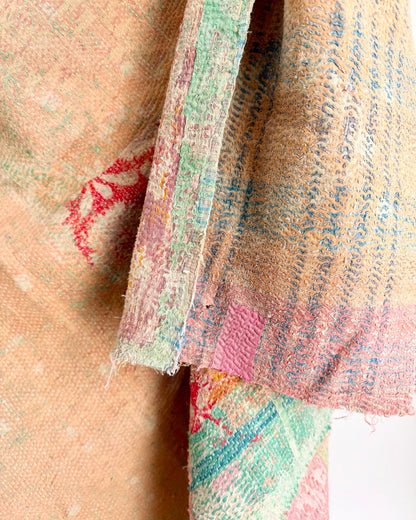 Project Kantha Quilt: Pink, Yellow and Green With Authentic Aged Texture - Biggs & Hill