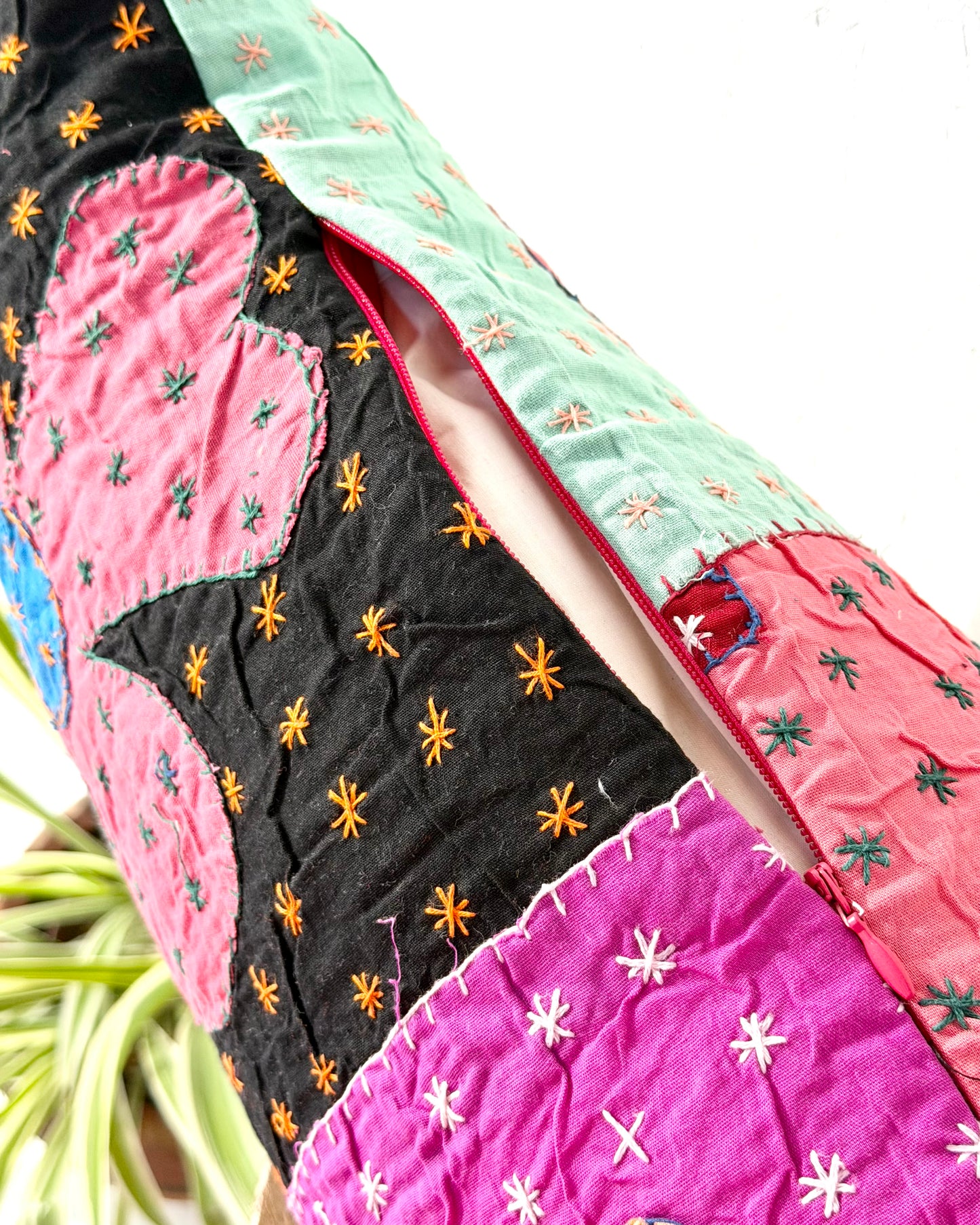 Vintage Kantha Bolster Cushion Cover In Flower Patchwork - 80cm