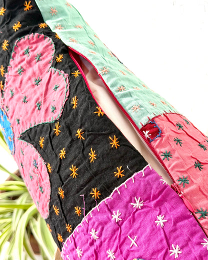 Vintage Kantha Bolster Cushion Cover In Flower Patchwork - 80cm