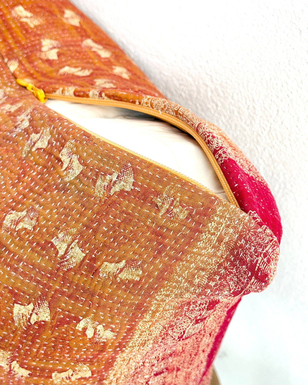 Handmade Vintage Kantha Cushion Cover In Orange and Pink - 45cm (18") Square - Biggs & Hill