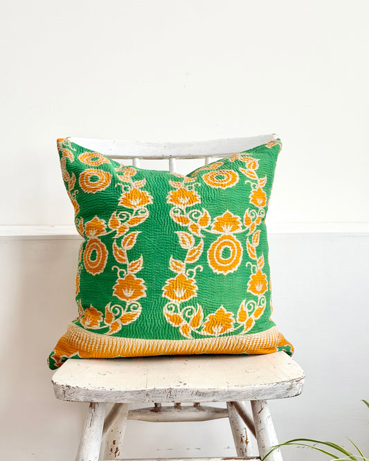 Vintage Kantha Cushion In Green and Orange- 45cm Square