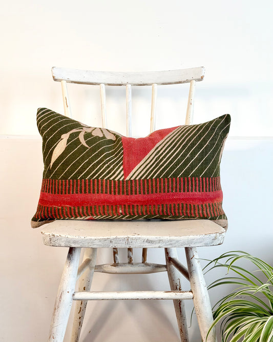 Vintage Kantha Cushion In Forest Green and Pink - Small Rectangular