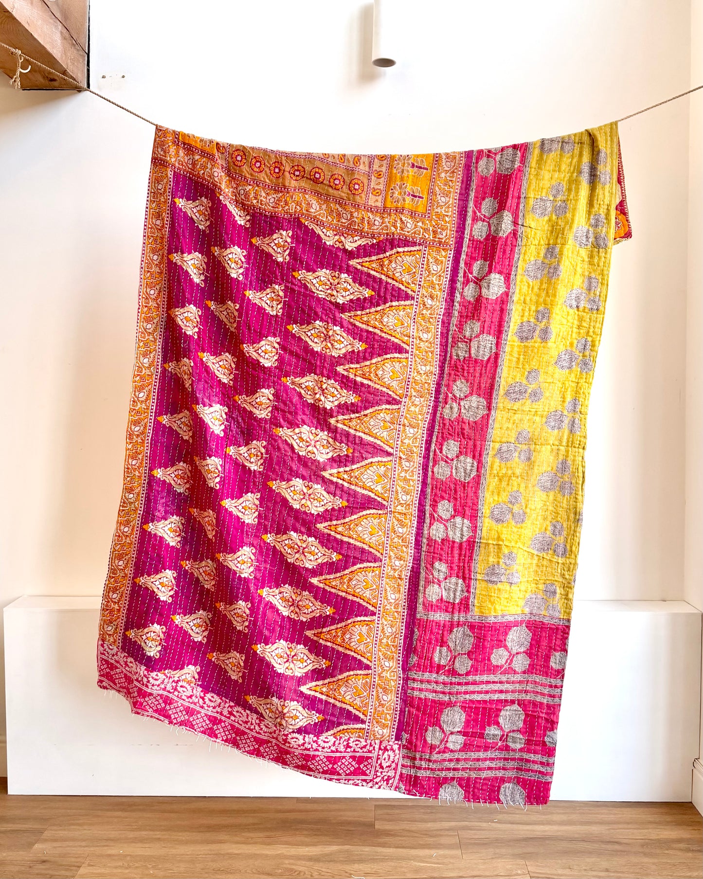 Vintage Cotton Kantha Quilt With Pink And Orange Diamond Pattern #40
